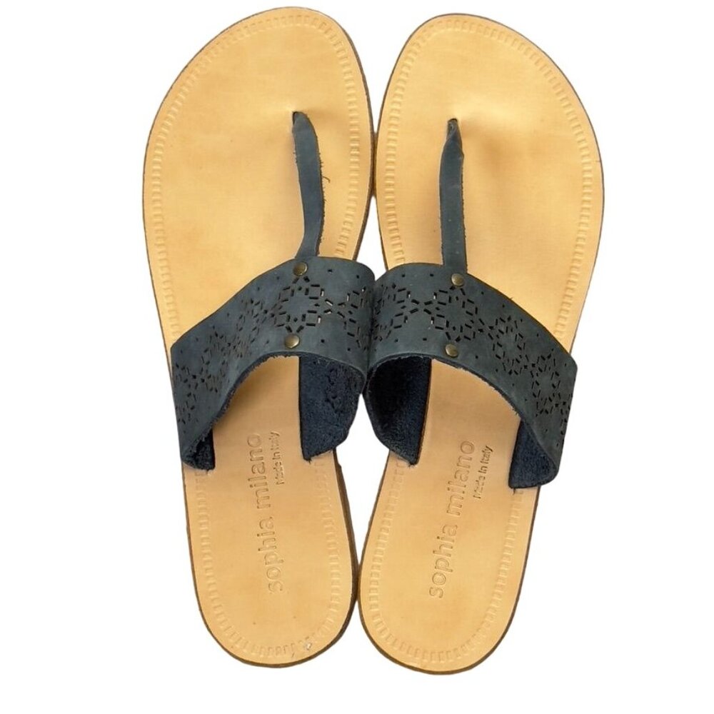 SOPHIA MILANO Women's Shoes Gray Flat Slides Perforated Leather Thongs Size 7.5M - Picture 15 of 15